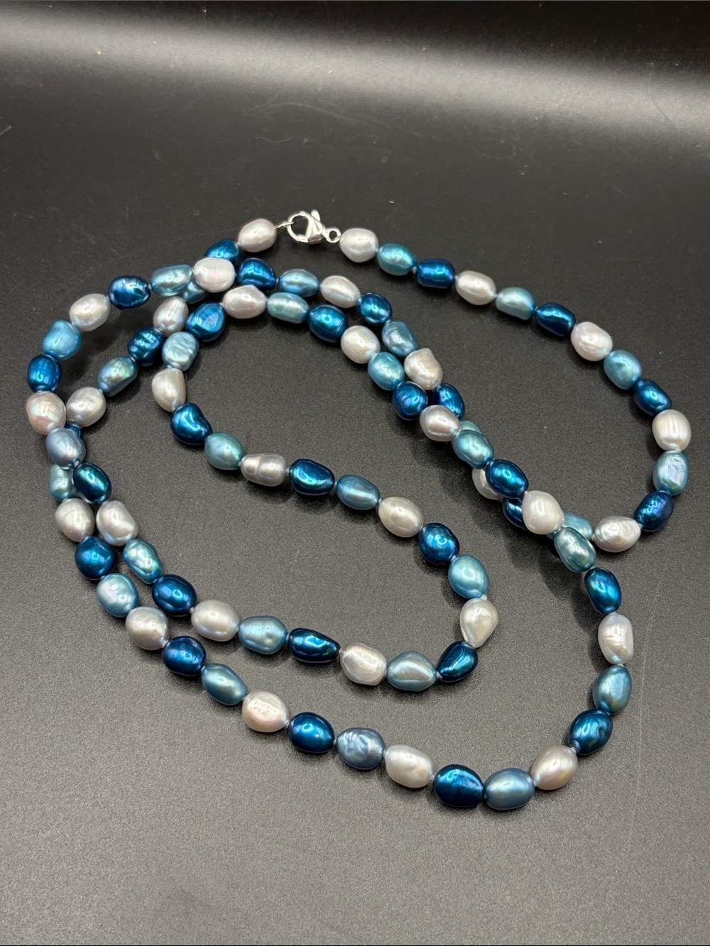 Vintage White & Dyed Blue Pearl Sterling Silver Clasp Necklace Coastal Jewelry